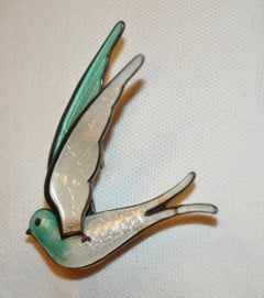 Beautiful Etched with Baked Enamel Ivory and Sea-Green "Dove In Flight" Brooch
