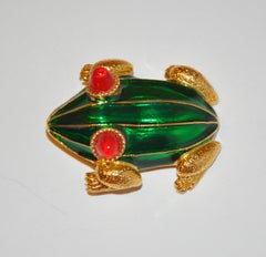 Kenneth Lane Rare Vivid Whimsical Green Enamel with Red Accent "Frog" Brooch