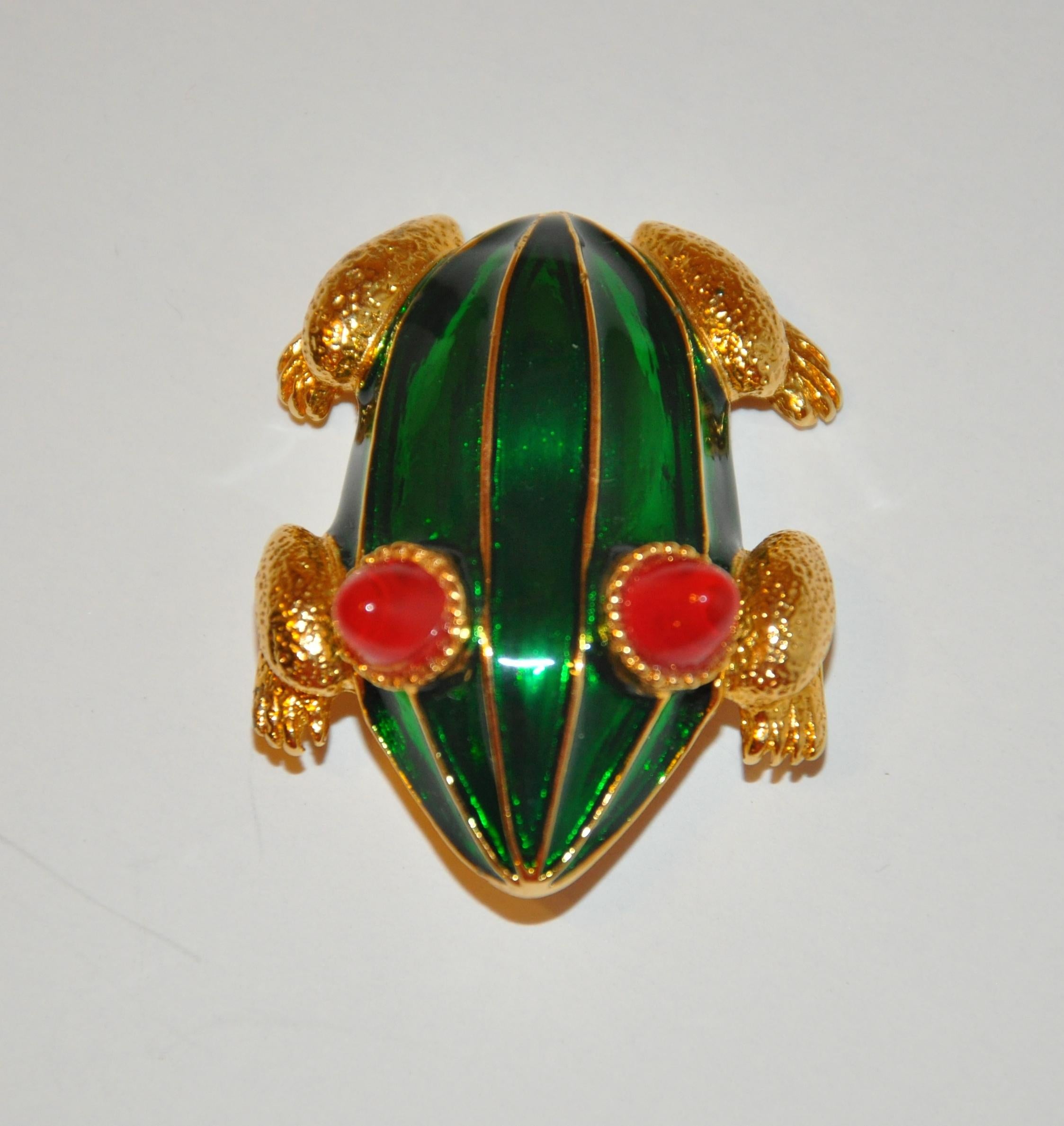 Baroque Kenneth Lane Rare Vivid Whimsical Green Enamel with Red Accent 