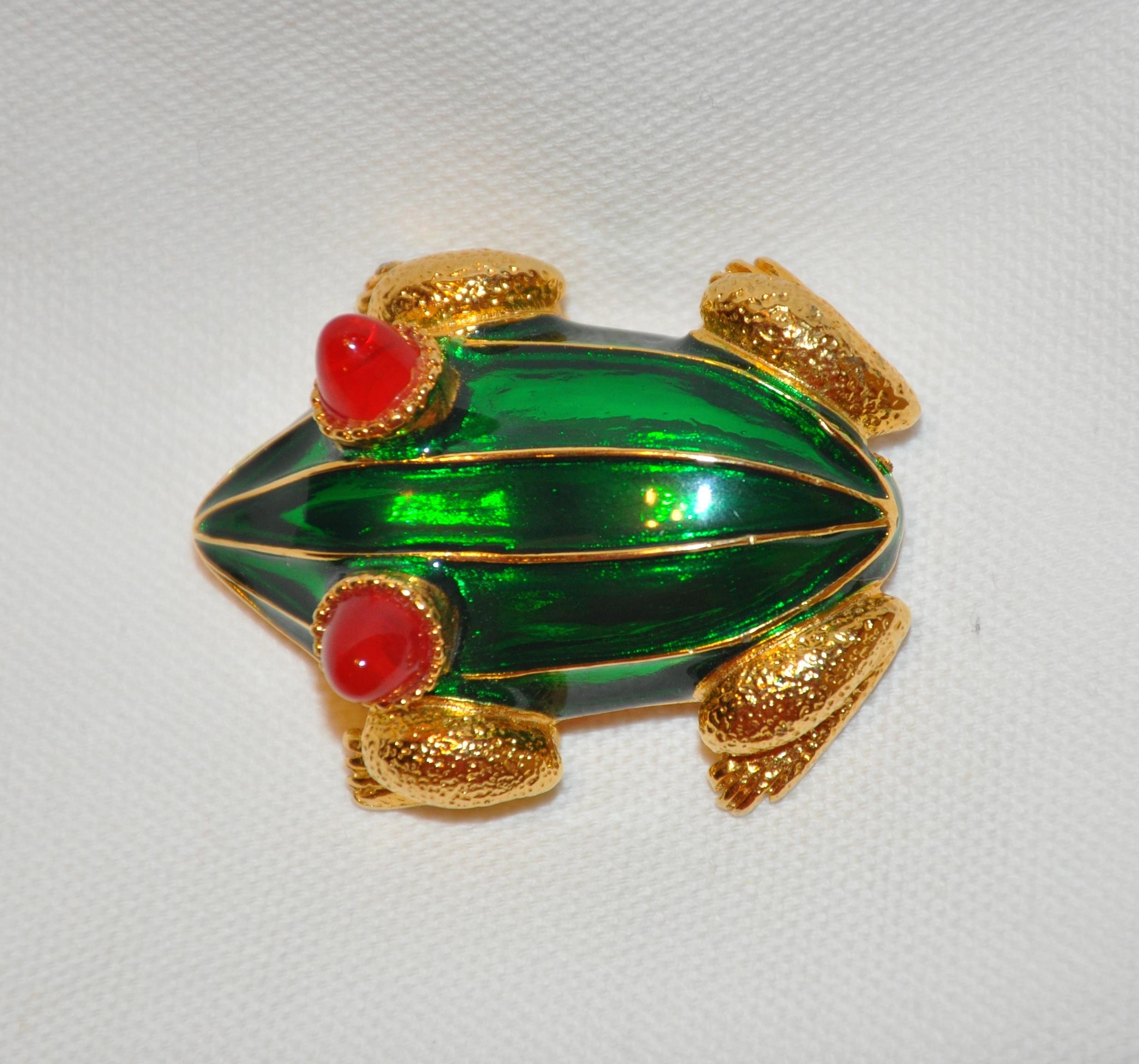 Women's or Men's Kenneth Lane Rare Vivid Whimsical Green Enamel with Red Accent 