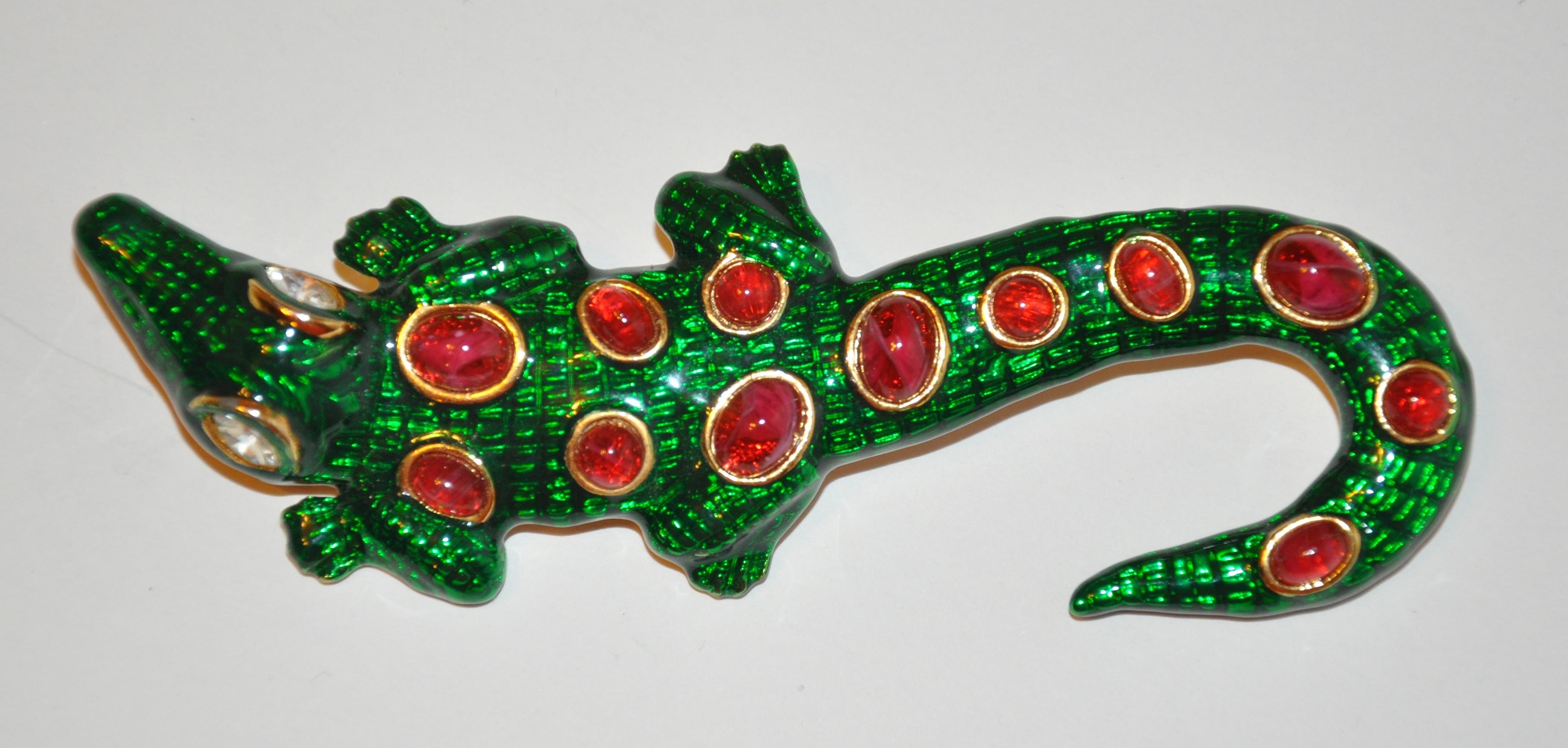 Artisan Kenneth Lane Whimsical Green Enamel with Ruby-Like Accent 
