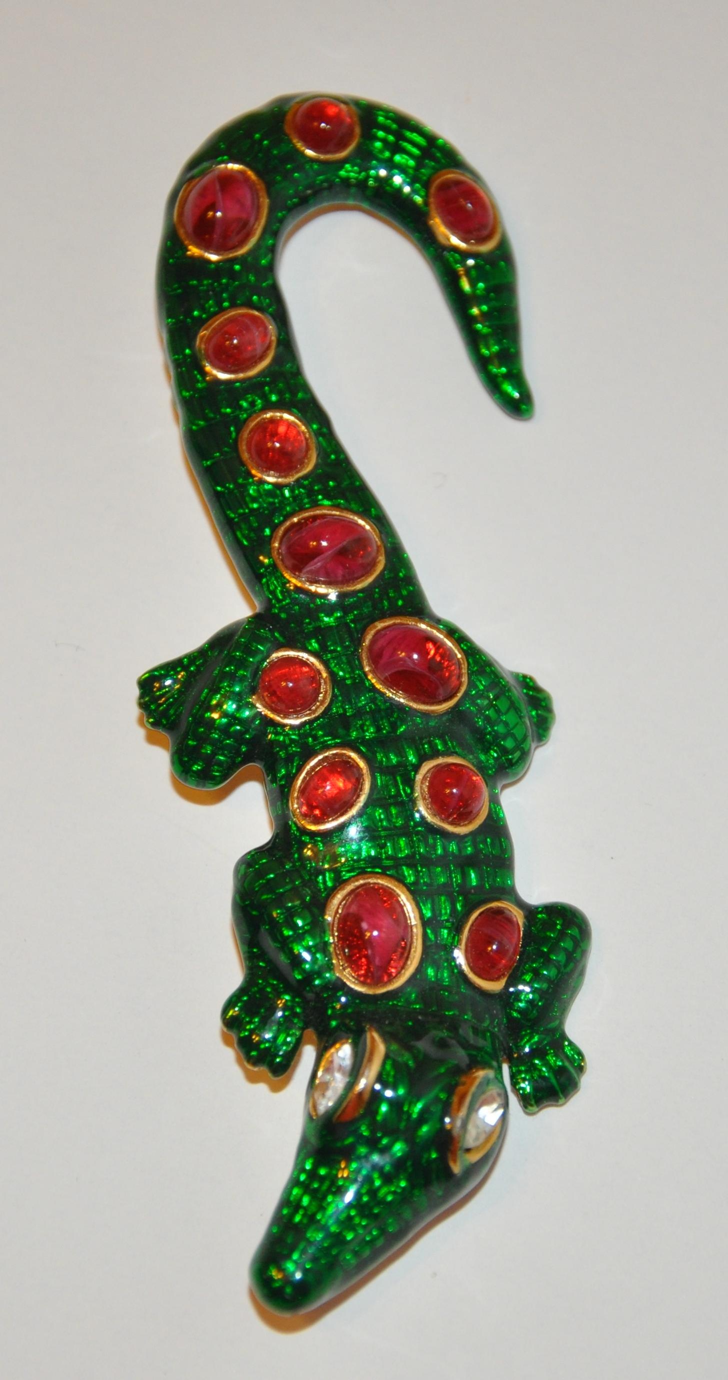 Kenneth Lane Whimsical Green Enamel with Ruby-Like Accent 