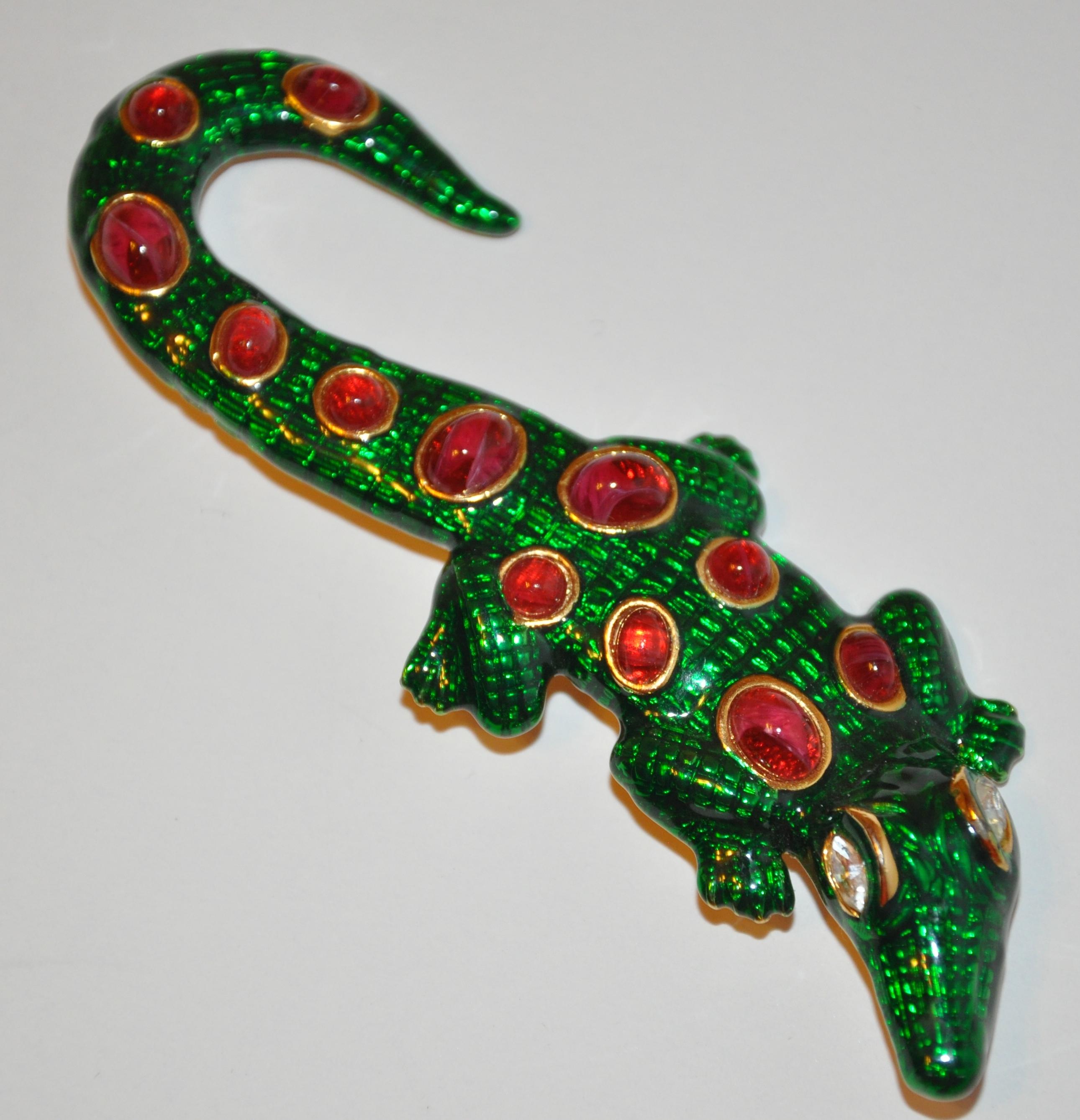 Kenneth Lane Whimsical Green Enamel with Ruby-Like Accent 