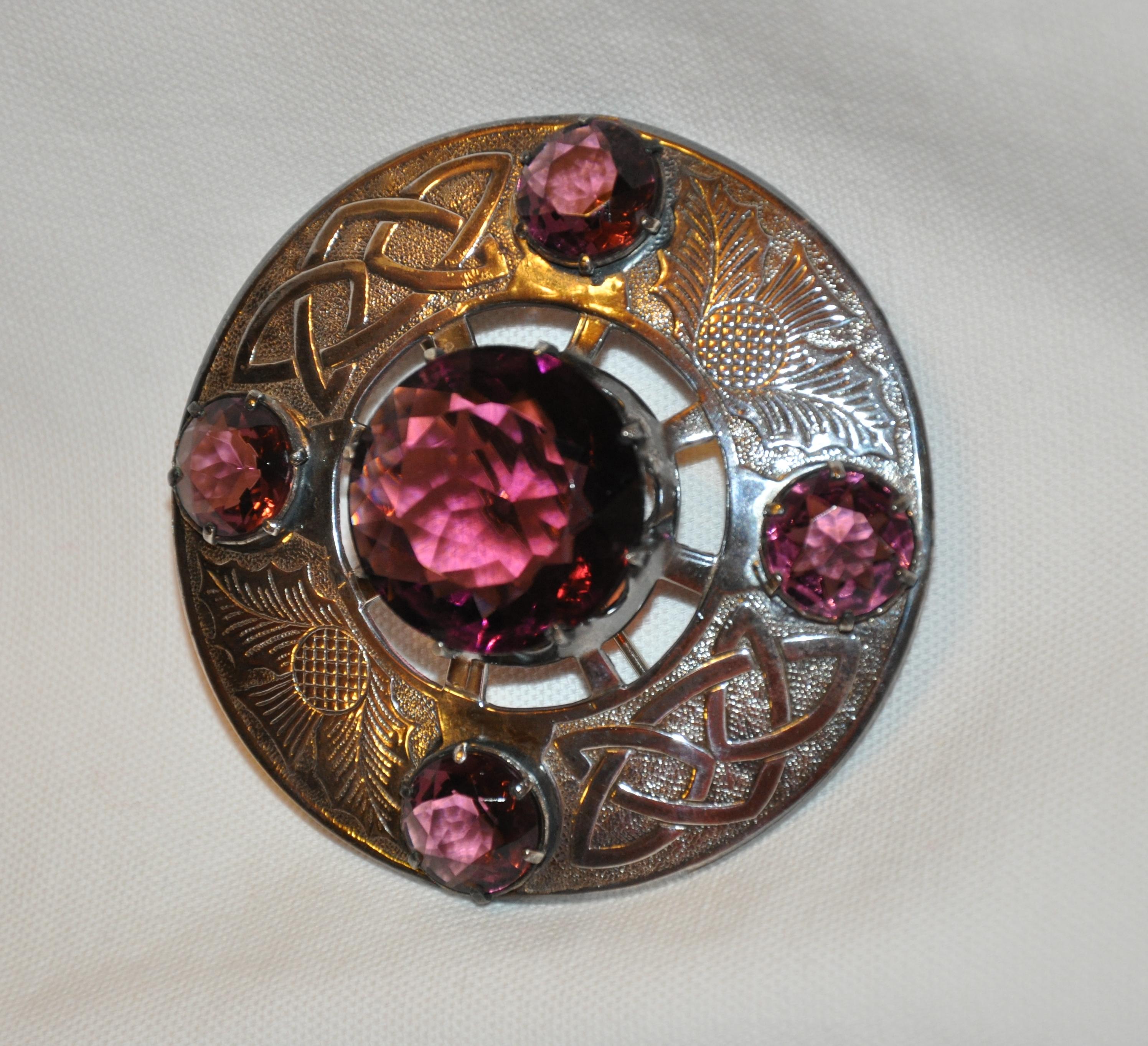 Baroque Huge Silver Celtic Etched Detailing with Clear Violet Embellishment Brooch  For Sale