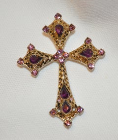 Gilded Gold Vermeil Hardware Filigree "Cross" Brooch Accented with Violet Stones