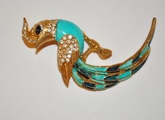 Whimsical Gilded Gold Vermeil Hardware "Bird of Fancy" Turquoise Accents Brooch