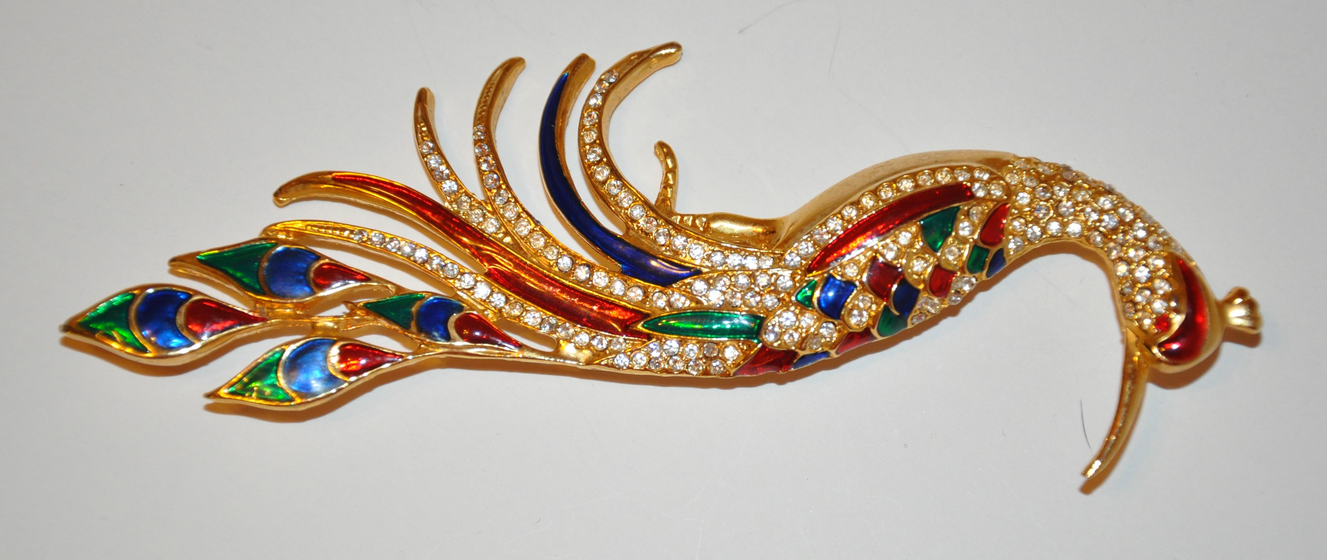 Magnifique broche « Paon » en émail multicolore et faux diamants Bon état - En vente à New York, NY