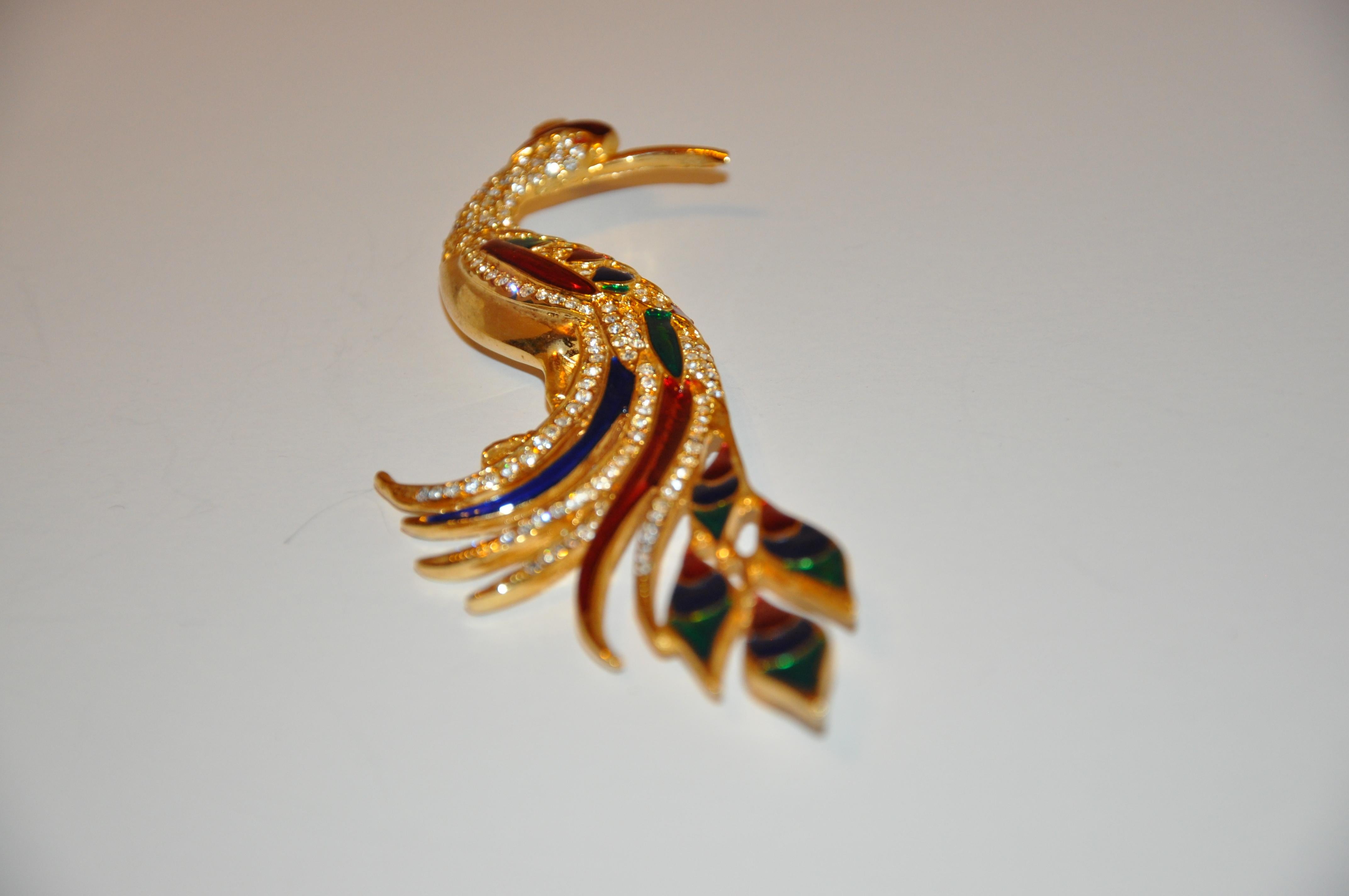Huge prächtige mehrfarbige Emaille- und Kunstdiamanten-Brosche „Peacock“ im Angebot 2