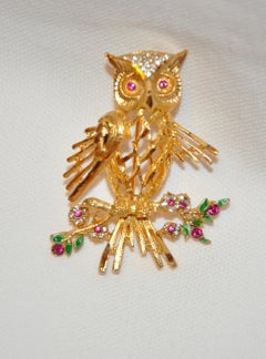 BSK Broche « Hibou parmi des fleurs » en filigrane avec quincaillerie en or vermeil doré