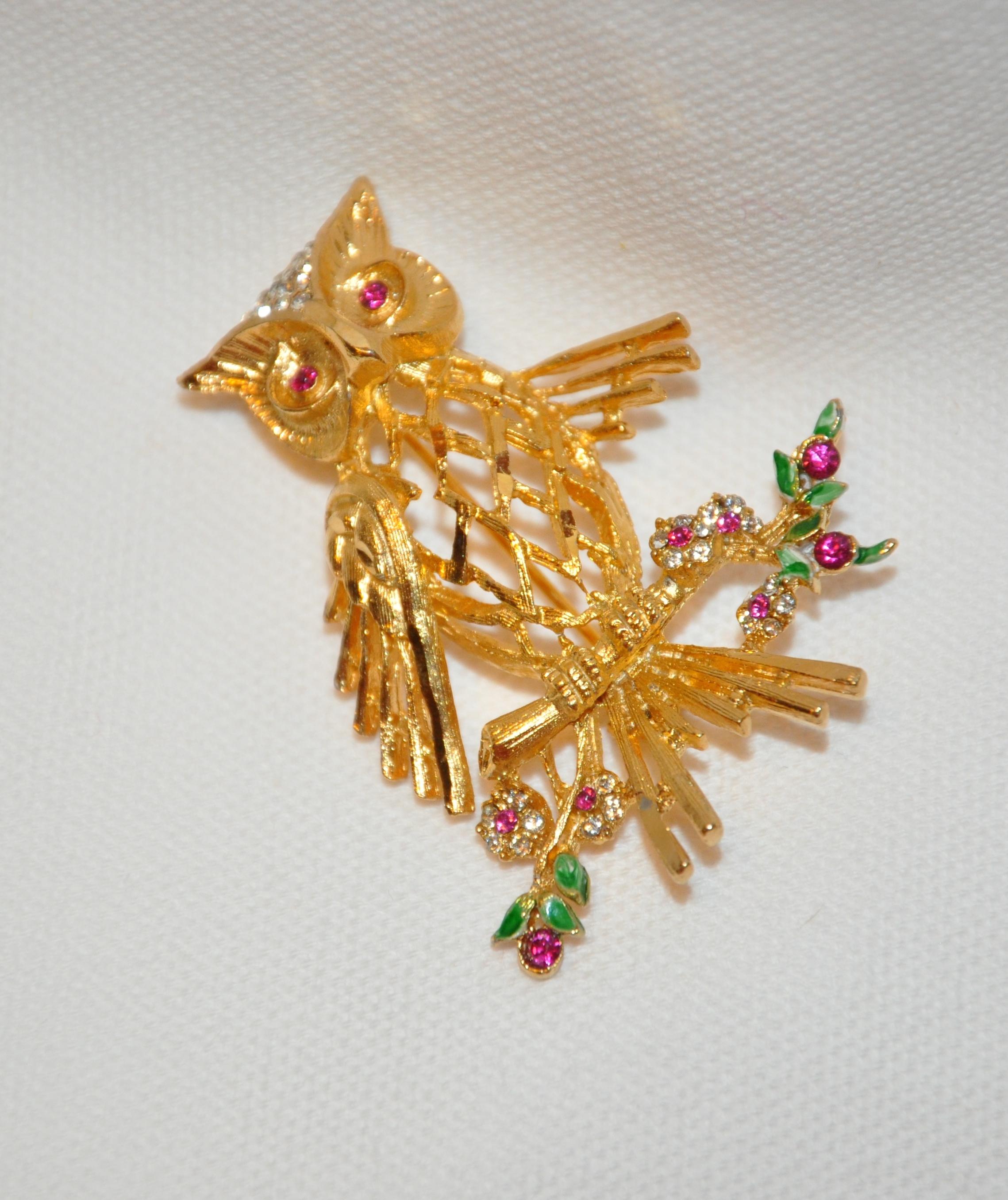 BSK Broche « Hibou parmi des fleurs » en filigrane avec quincaillerie en or vermeil doré Bon état - En vente à New York, NY