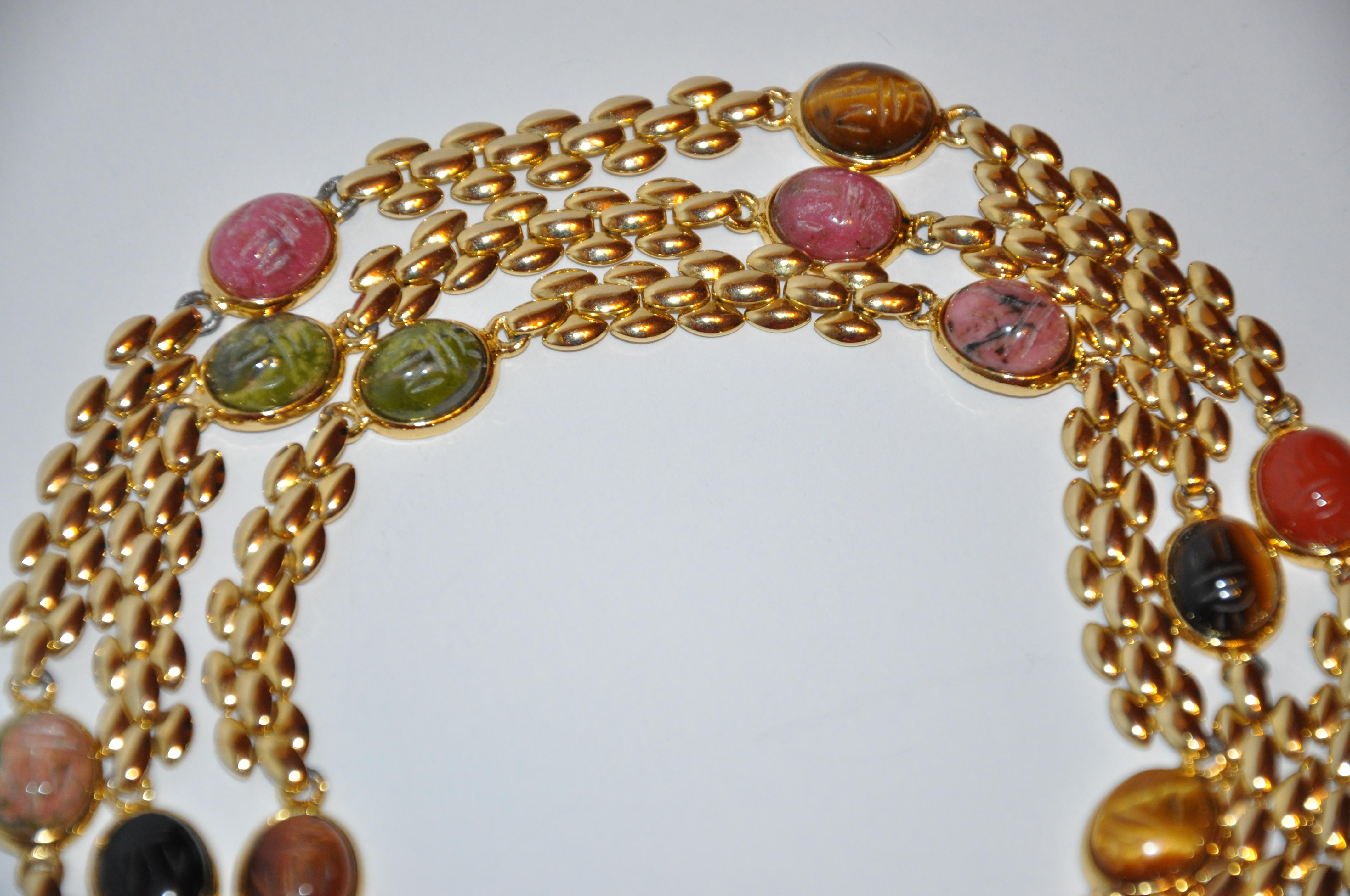 Baroque Gilded Gold Vermeil Hardware with Multi-Color Etched Scrab Necklace For Sale