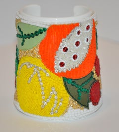 Rare Iconic Lesage Bold Colorful Micro-Seed, Micro-Sequin Wide White Lucite Cuff