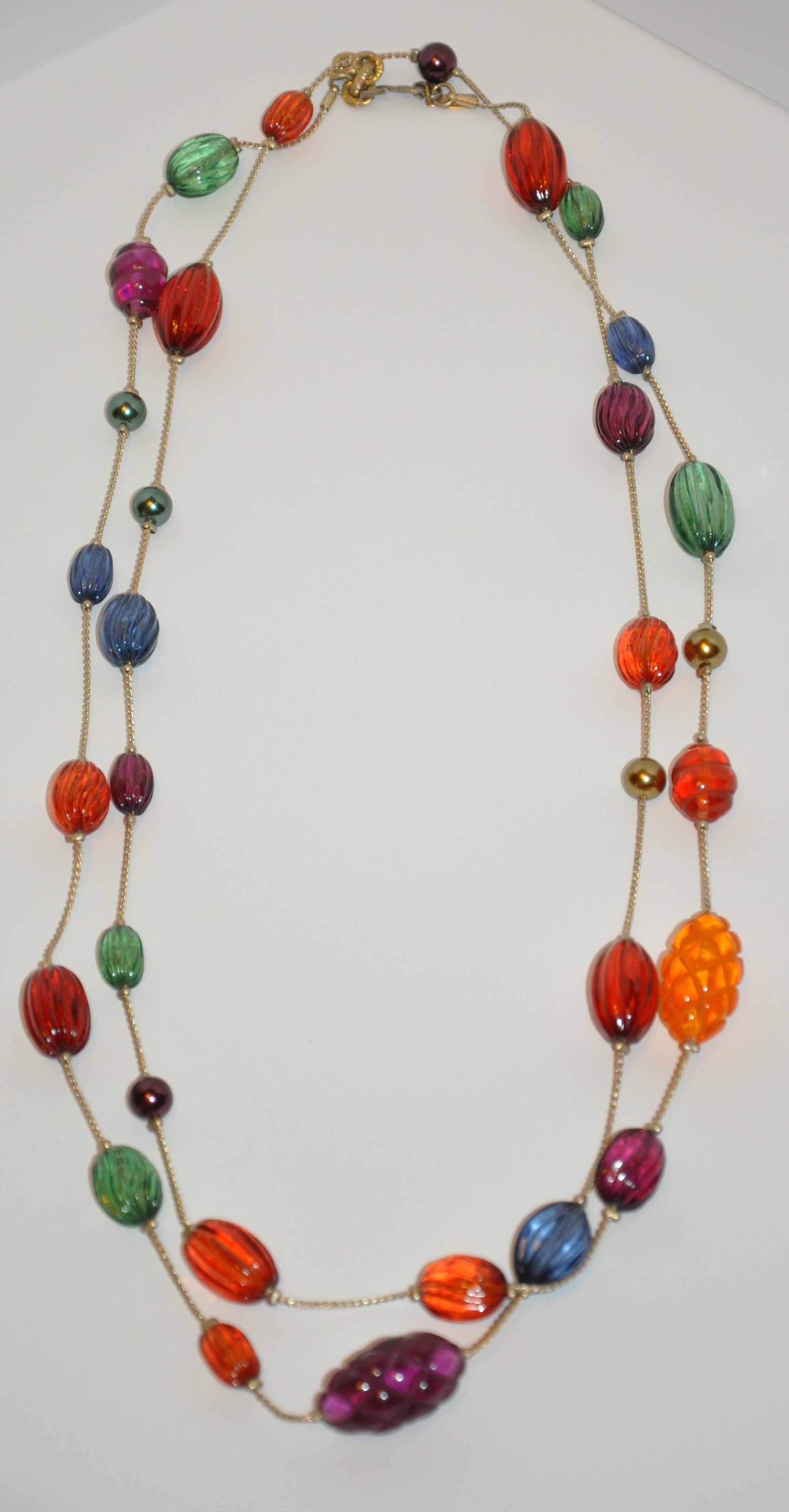 Yves Saint Laurent Extra-Long Multi-Color Etched Pour Glass Lucite Necklace In Good Condition In New York, NY