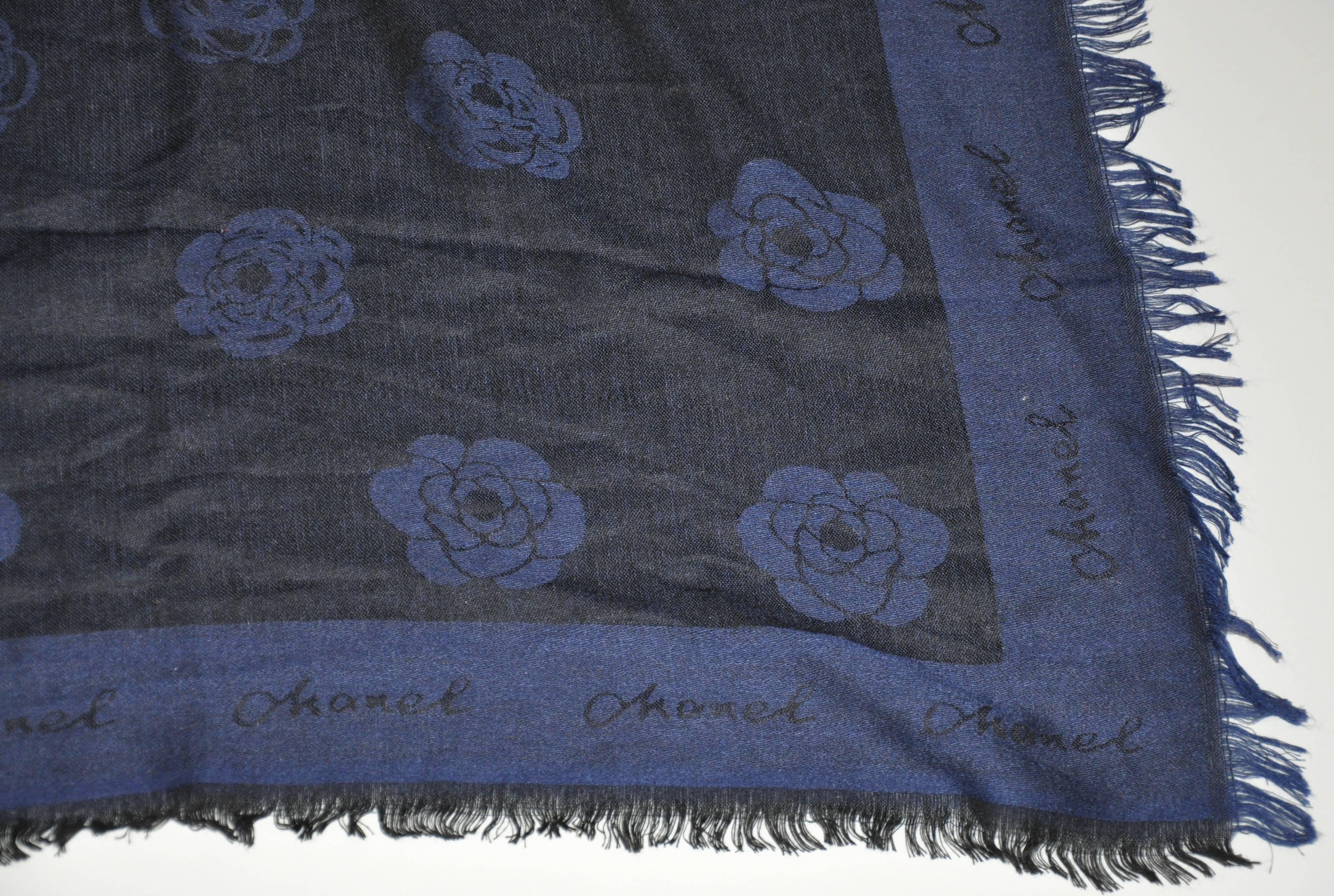 Chanel Huge Limited Edition Navy Silk & Wool Challis with Fringe Scarf In New Condition In New York, NY