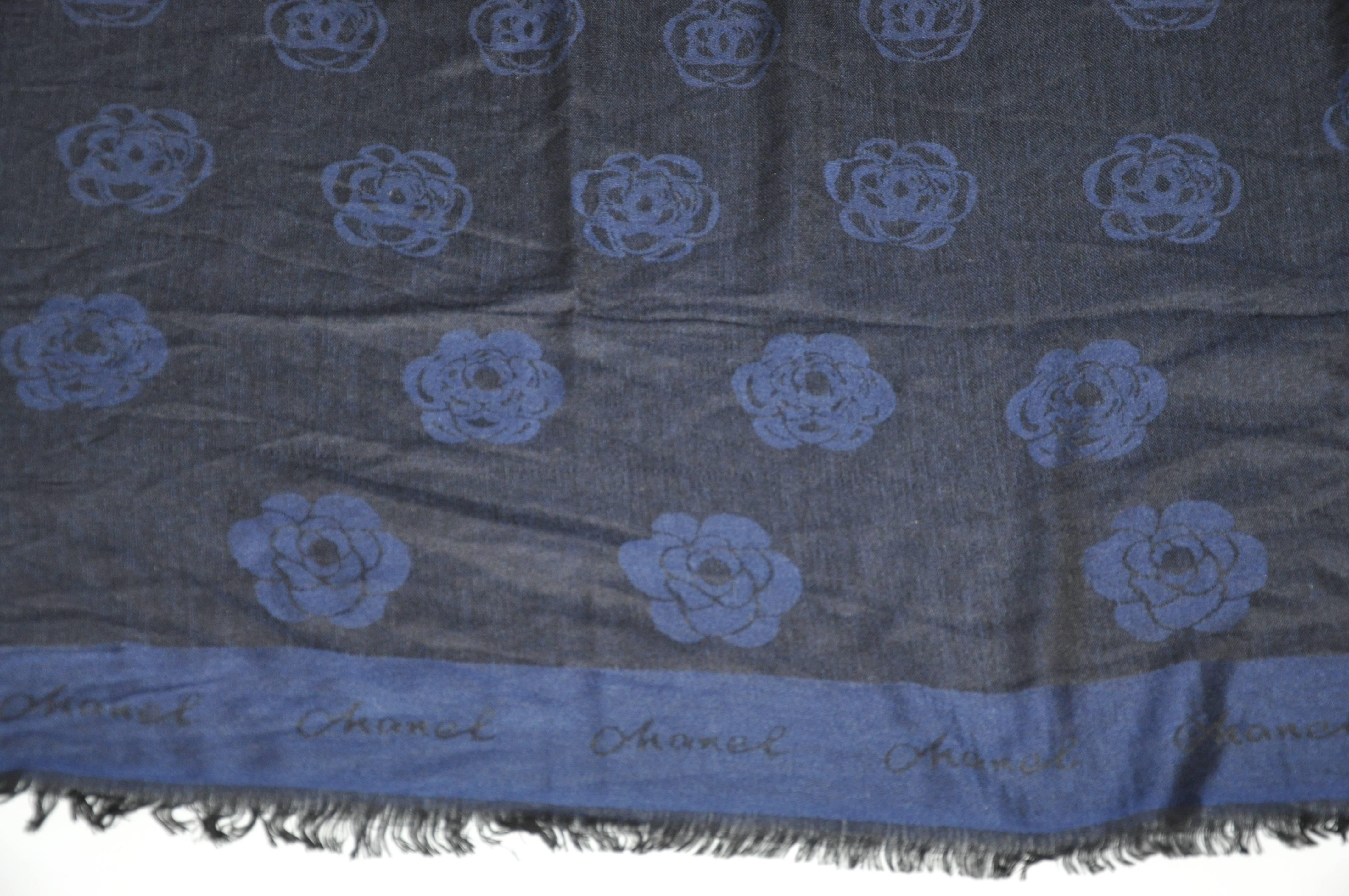 Women's or Men's Chanel Huge Limited Edition Navy Silk & Wool Challis with Fringe Scarf