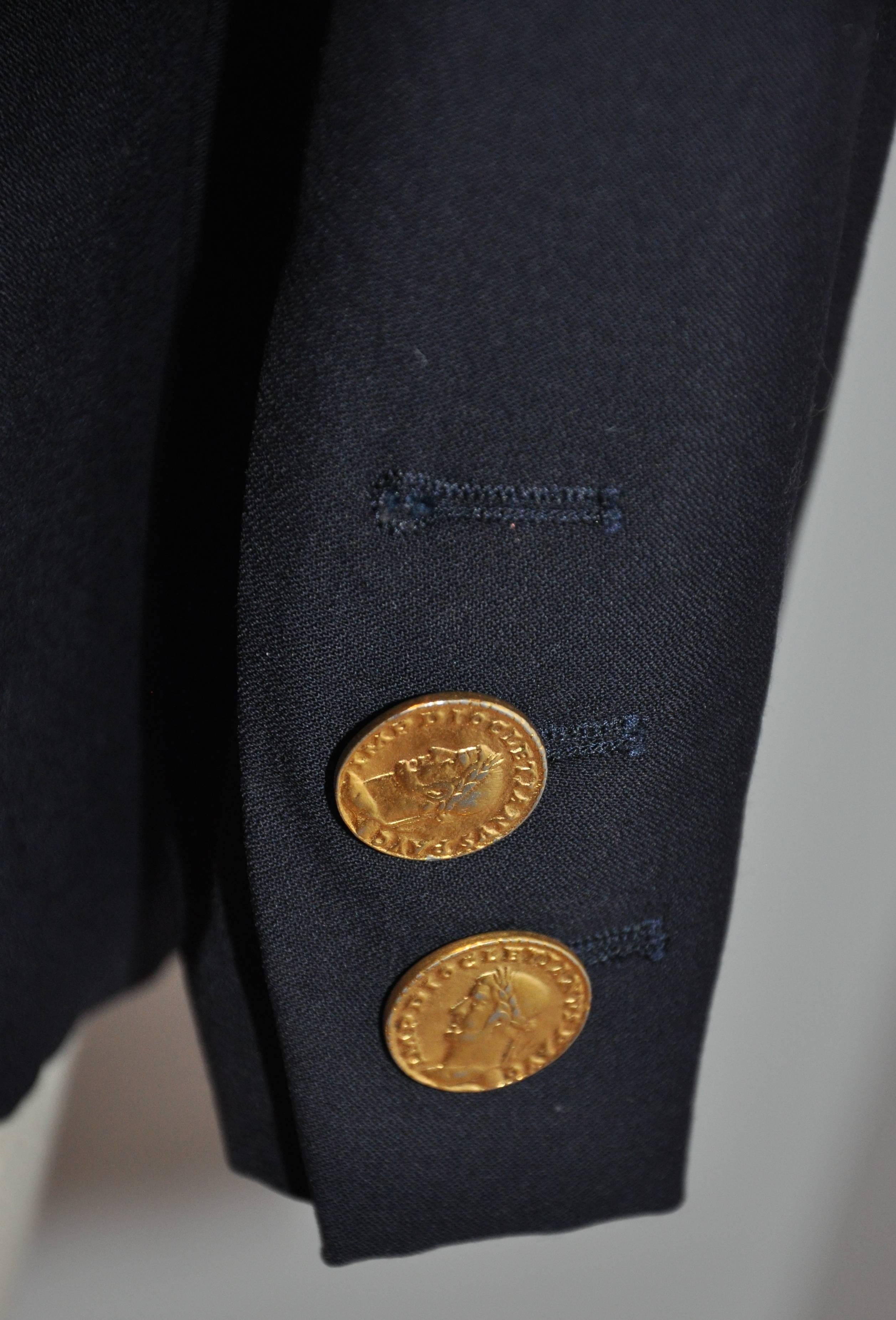Black Yves Saint Laurent Signature Navy Double-Breasted with Gold Coin Blazer