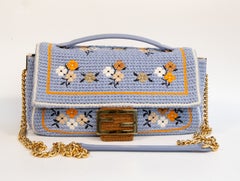 2021 Fendi Floral Light Blue Knit Baguette Chain Bag