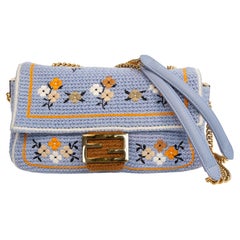 2021 Fendi Floral Light Blue Knit Baguette Chain Bag