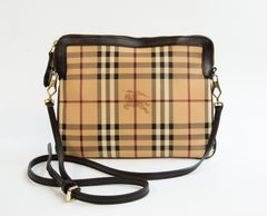 2000s Burberry Crossbody Clutch Bag with Check Pattern and Brown Leather Trim