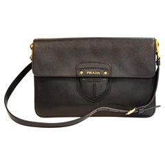 2000s Prada Black Saffiano Leather Crossbody Bag with Gold Toned Hardware