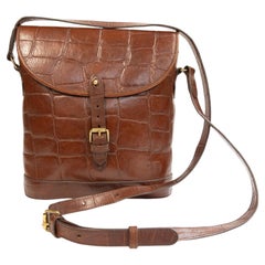1990s Mulberry Binocular Crossbody Bag in Brown Crocodile Embossed Leather