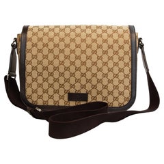 2000s Gucci GG Web Beige Cloth Brown Leather Messenger Bag