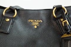 2000s Prada Black Pebbled Leather Tote Bag with Gold Hardware, Excellent