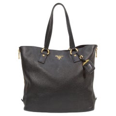 2000s Prada Black Pebbled Leather Tote Bag with Gold Hardware, Excellent