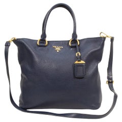 2000s Prada Dark Blue Pebbled Leather Tote Bag, Adjustable Strap