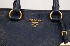 2000s Prada Dark Blue Pebbled Leather Tote Bag, Adjustable Strap