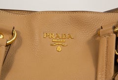 2000s Prada Dark Beige Pebbled Leather Tote Bag with Gold Hardware