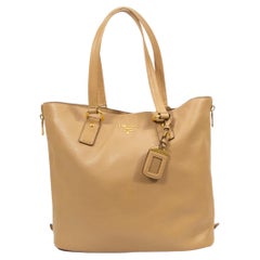 2000s Prada Dark Beige Pebbled Leather Tote Bag with Gold Hardware