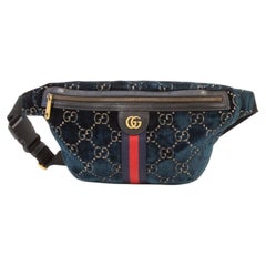 2000s Gucci Blue Velvet GG Web Belt Bag with Leather Trim