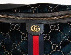 2000s Gucci Blue Velvet GG Web Belt Bag with Leather Trim