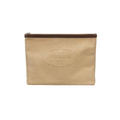 2000s Prada Beige Canvas Logo Clutch with Leather Trim, Excellent Condition