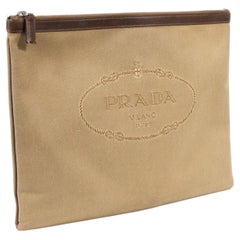 2000s Prada Beige Canvas Logo Clutch with Leather Trim, Excellent Condition