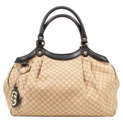 2000s Gucci Sukey Diamante Beige Cloth and Black Leather Tote