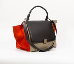 2000s Celine Tricolor Grey and Black Leather and Red Suede Large Trapeze Bag