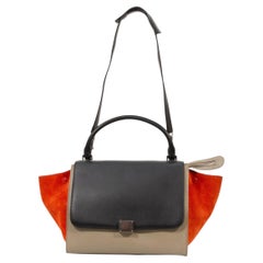 2000s Celine Tricolor Grey and Black Leather and Red Suede Large Trapeze Bag