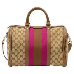 2000s Gucci Boston Beige GG Web Cloth and Smooth Brown Leather Trim Bowling Bag