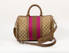 2000s Gucci Boston Beige GG Web Cloth and Smooth Brown Leather Trim Bowling Bag