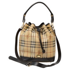 2000s Burberry Beige Check Canvas and Black Leather Trim Drawstring Bucket Bag
