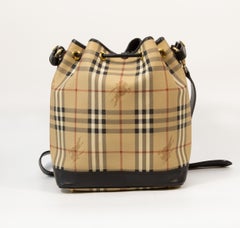 2000s Burberry Beige Check Canvas and Black Leather Trim Drawstring Bucket Bag