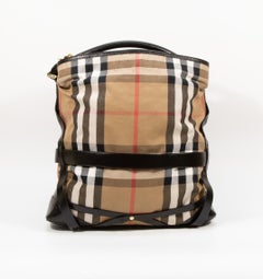 2000s Burberry Bridle Gosford Medium House Check Black Leather Trim Hobo Bag