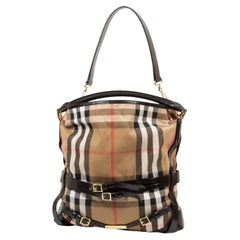 2000s Burberry Bridle Gosford Medium House Check Black Leather Trim Hobo Bag