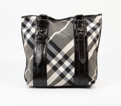 2000s Burberry Black and White Nova Check Tote with Black Patent Leather Trim