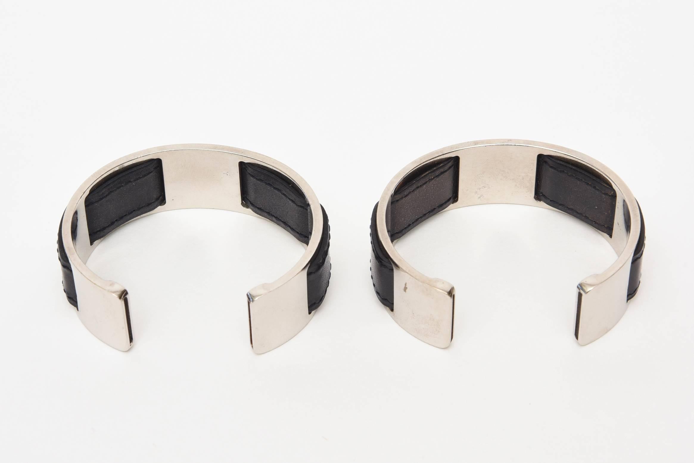 Women's  Hermes by Martin Margiela Black Leather & Chrome Plated Cuff Bracelets For Sale