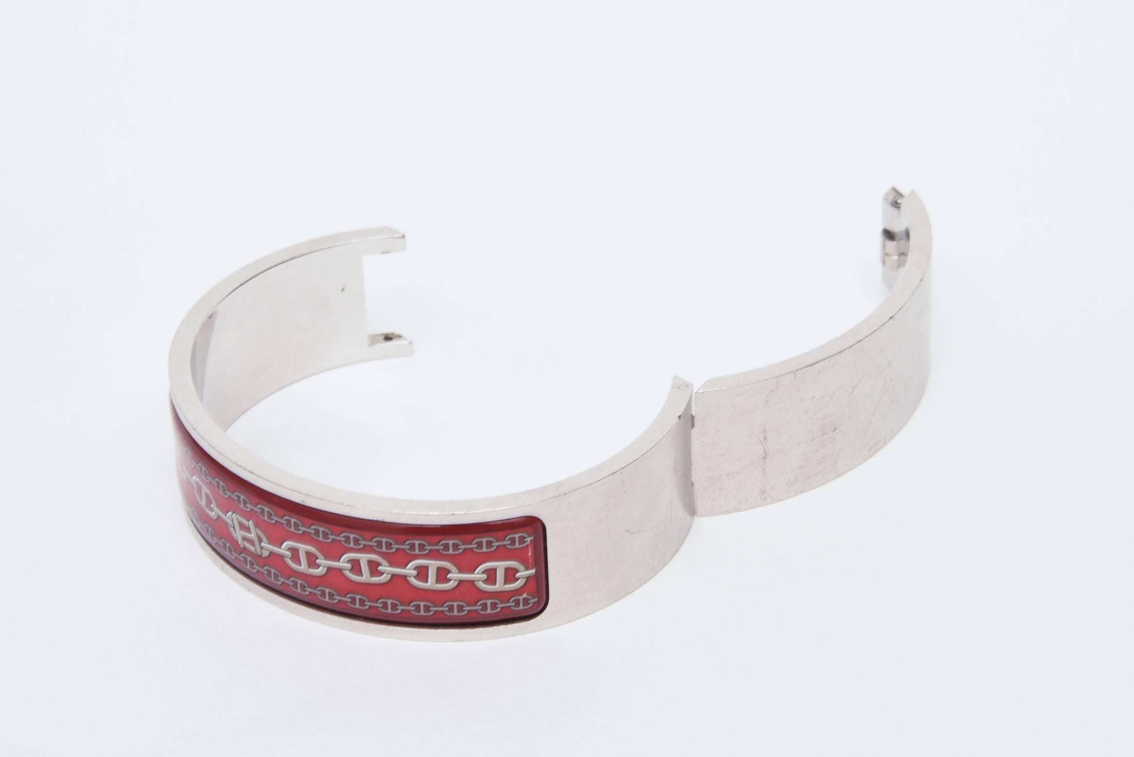 Martin Margiela for Hermes Rolled Hinged Enamel & Brushed Silver Cuff Bracelet In Excellent Condition In North Miami, FL