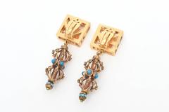 Vintage Sculptural Cage and Square Dangle Clip On Earrings By Varga 1980's