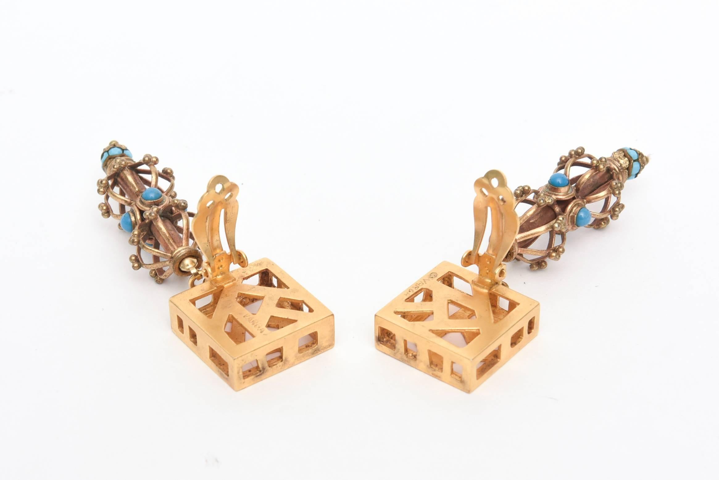 Sculptural Signed Cage and Square Dangle Clip On Earrings Vintage For Sale 2